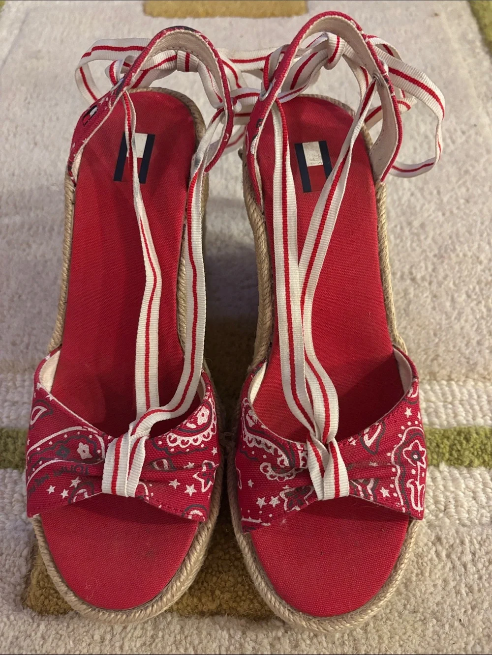 Tommy Hilfiger Red Bandana-Print Espadrille Wedge Sandals